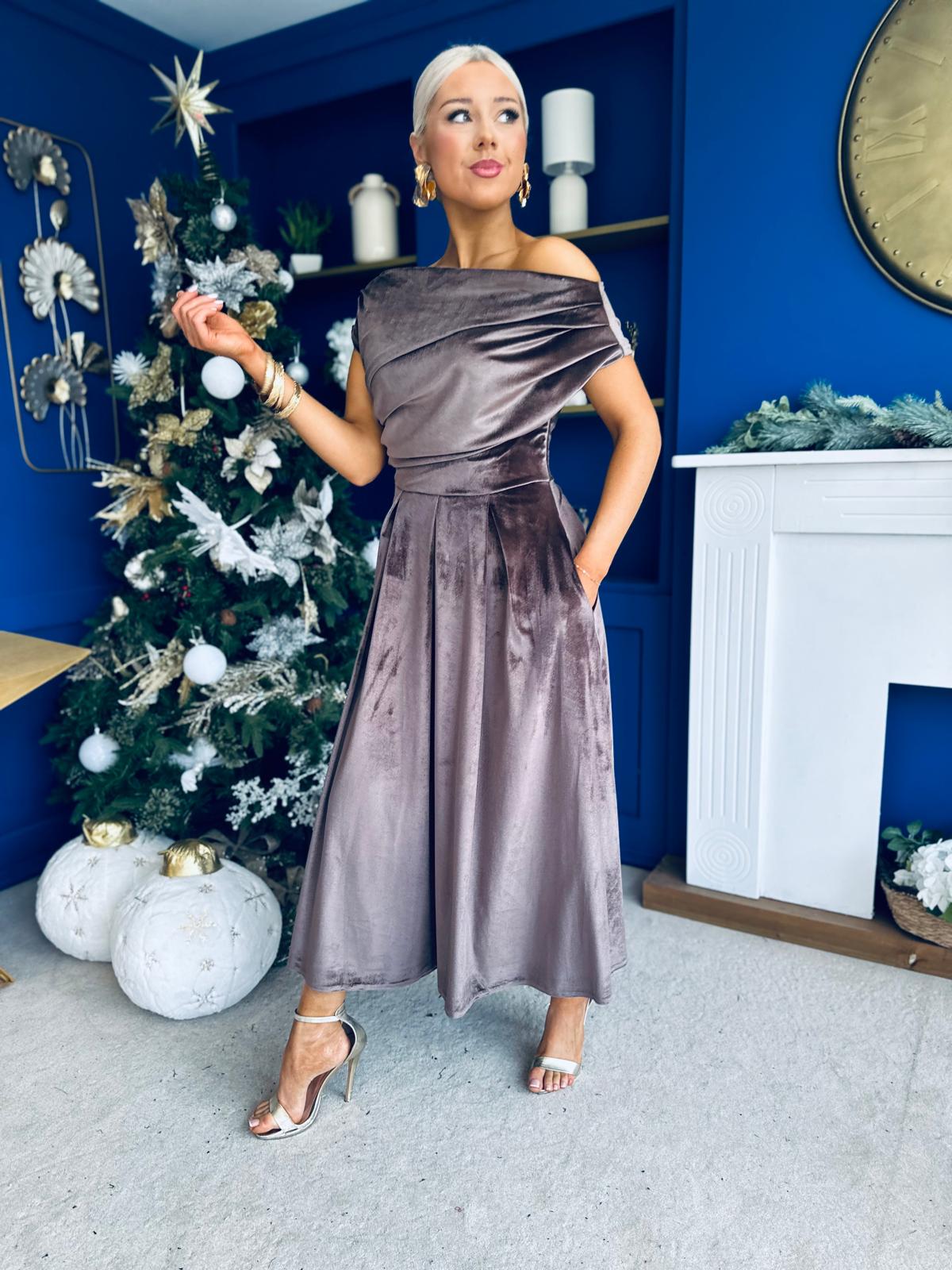 Breffy Asymmetric Neckline Skater Midi Coco Velvet