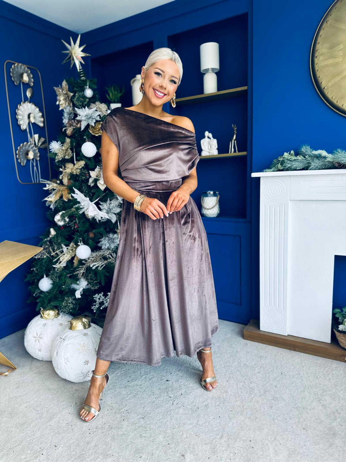 Breffy Asymmetric Neckline Skater Midi Coco Velvet