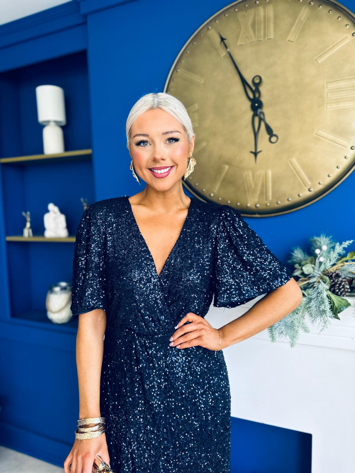 Carrie Sequin Occasion Midi Dress Navy