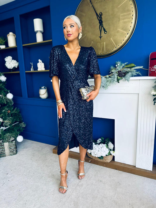 Carrie Sequin Occasion Midi Dress Navy