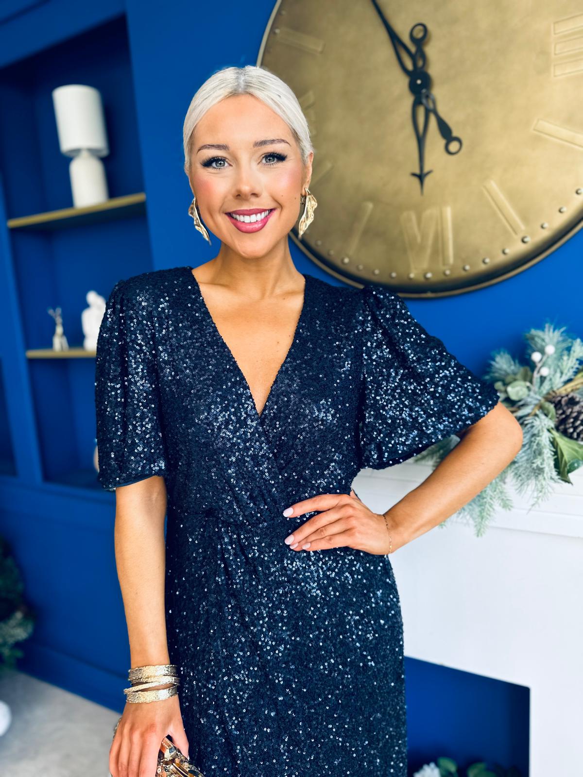 Carrie Sequin Occasion Midi Dress Navy