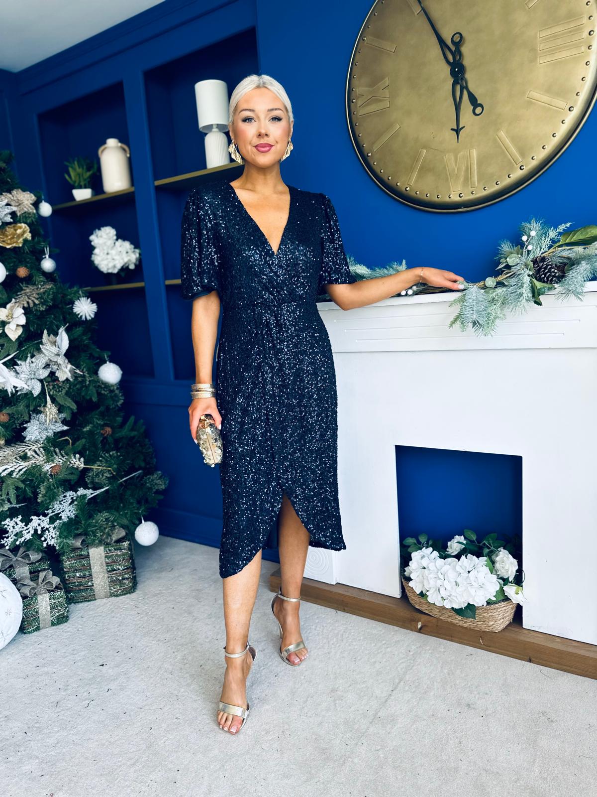Carrie Sequin Occasion Midi Dress Navy