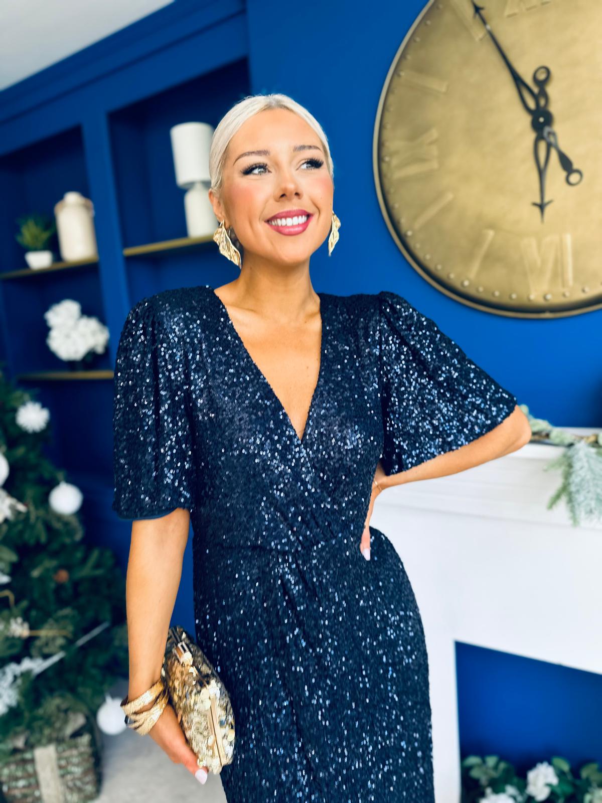 Carrie Sequin Occasion Midi Dress Navy