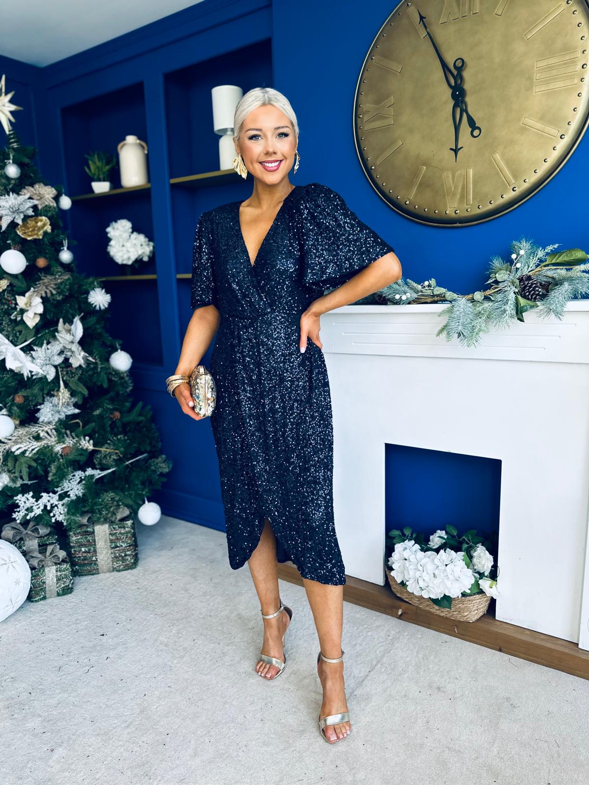 Carrie Sequin Occasion Midi Dress Navy