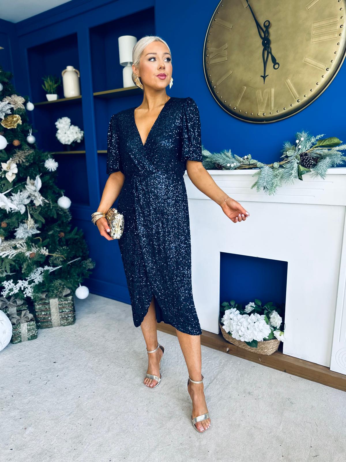 Carrie Sequin Occasion Midi Dress Navy