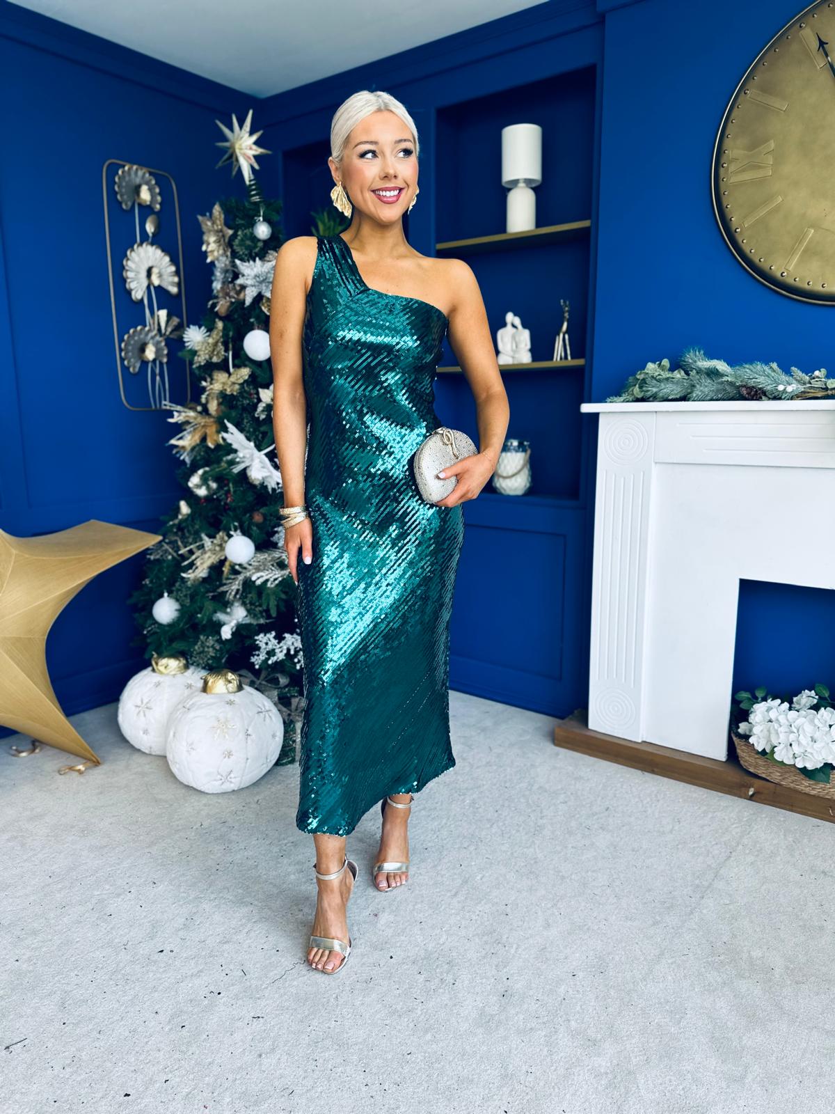 Ramona One Shoulder Sequin Maxi Dress Forest