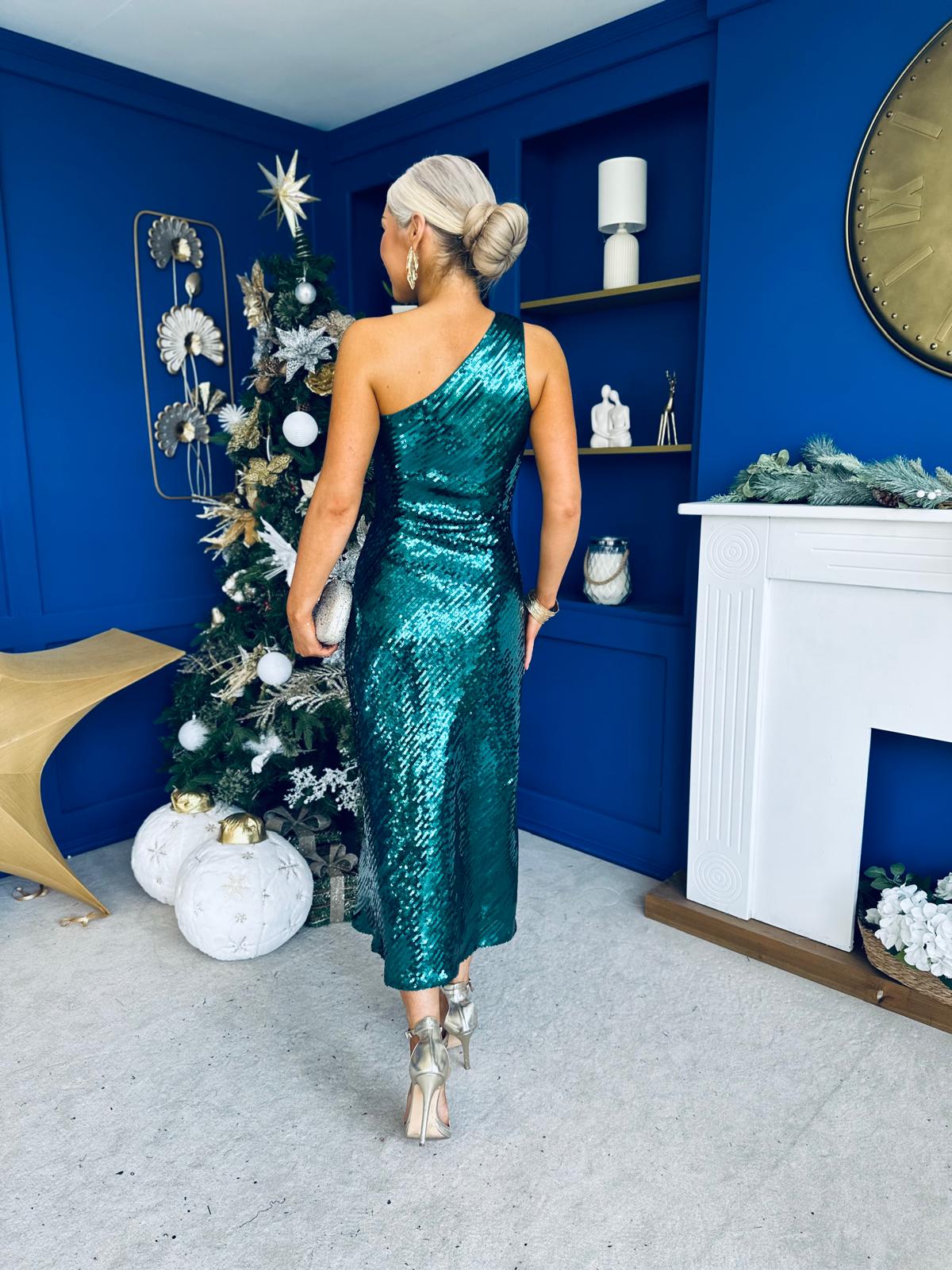 Ramona One Shoulder Sequin Maxi Dress Forest