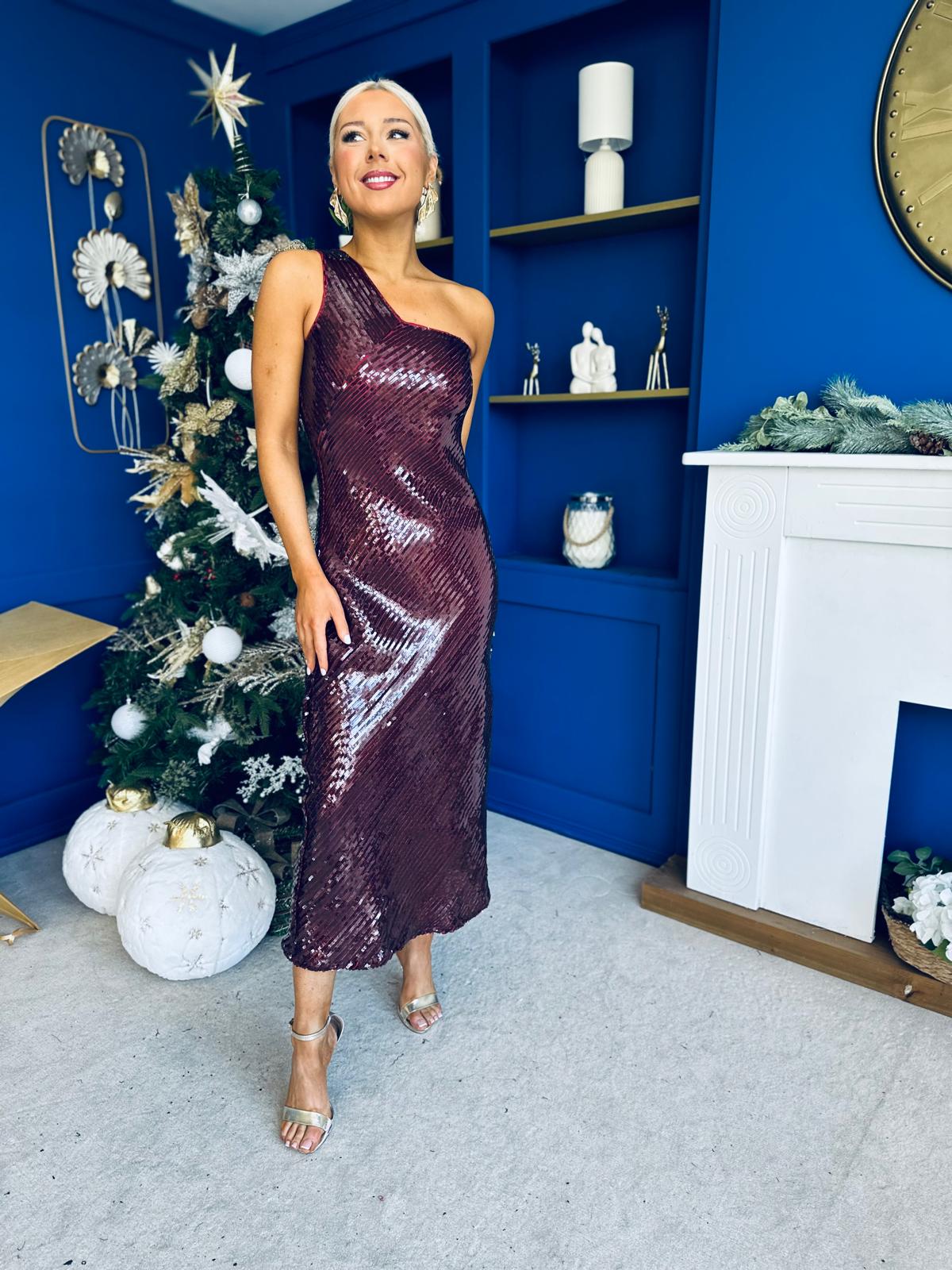 Ramona One Shoulder Sequin Maxi Dress Wine