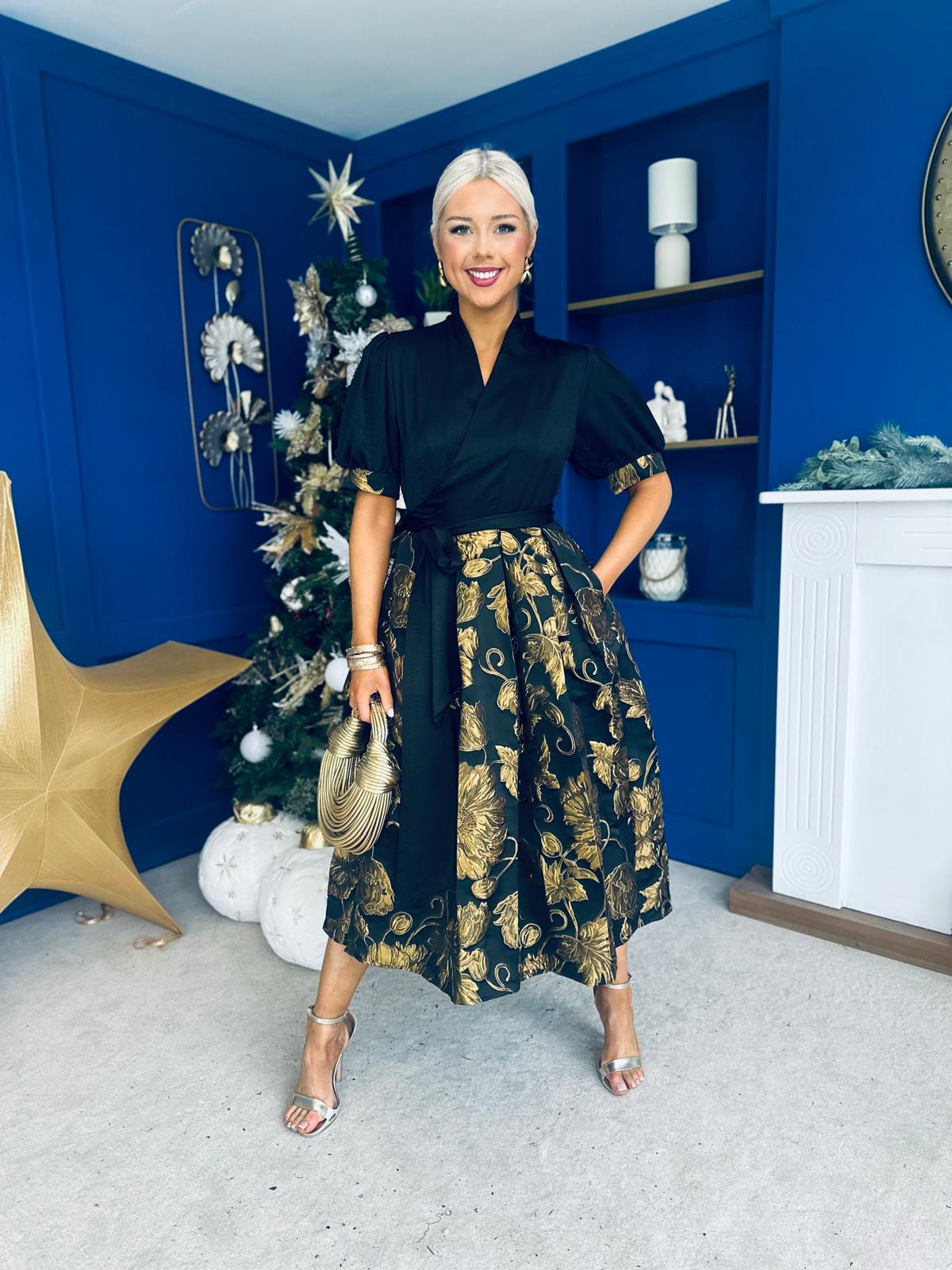 Aoife Jaquard Occasion Wrap Dress Gold