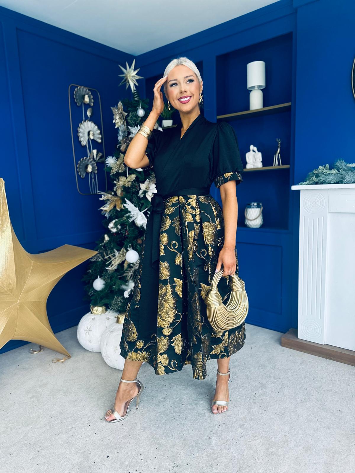 Aoife Jaquard Occasion Wrap Dress Gold