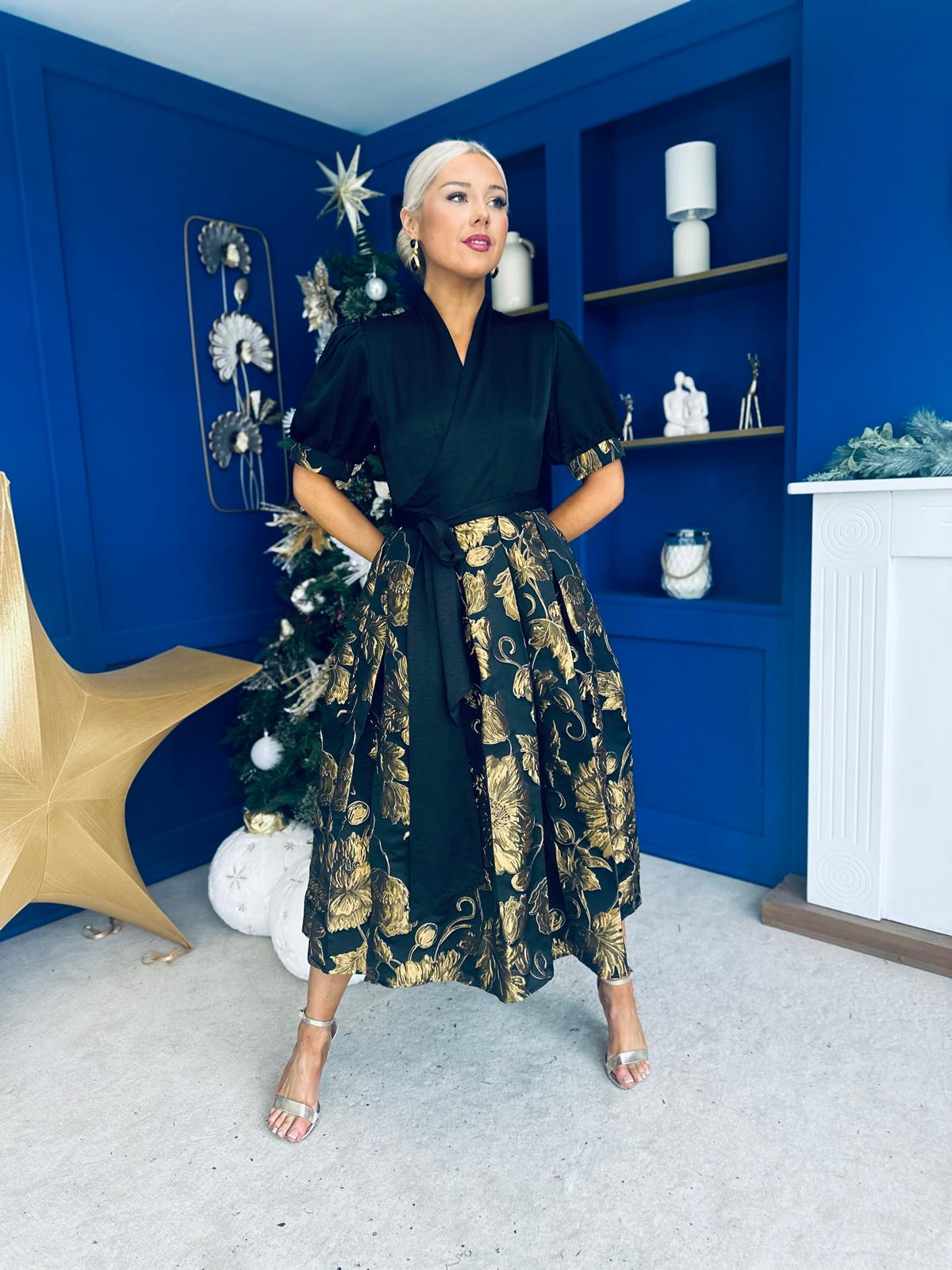 Aoife Jaquard Occasion Wrap Dress Gold