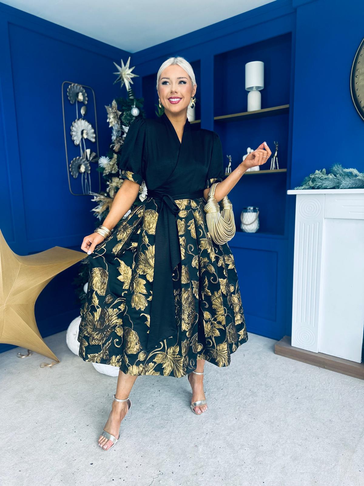 Aoife Jaquard Occasion Wrap Dress Gold