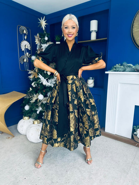 Aoife Jaquard Occasion Wrap Dress Gold