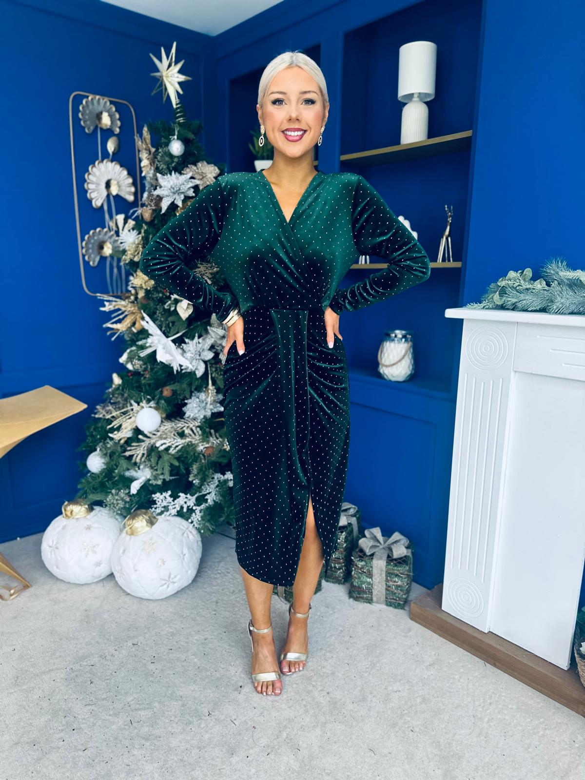 Dora Studded Velvet Occasion Dress Forest