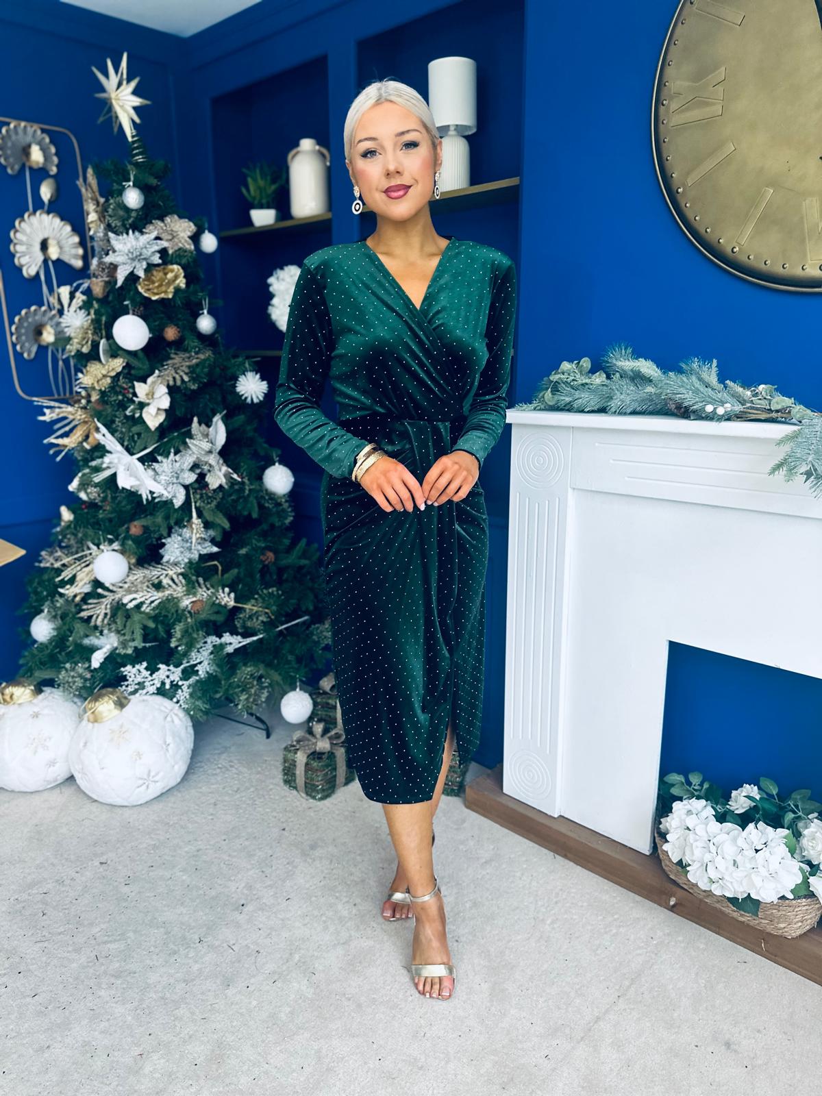 Dora Studded Velvet Occasion Dress Forest