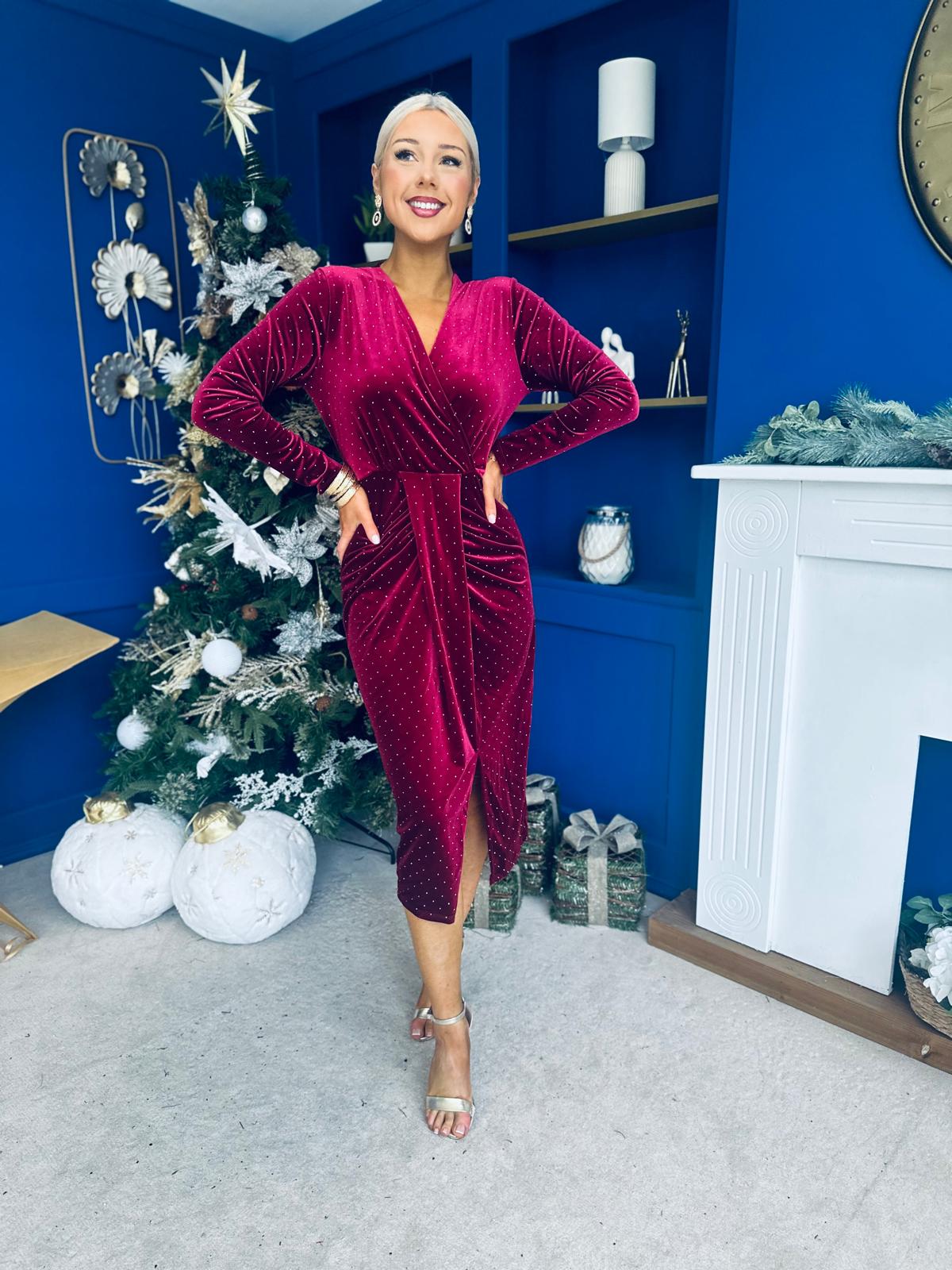 Dora Studded Velvet Occasion Dress Wine