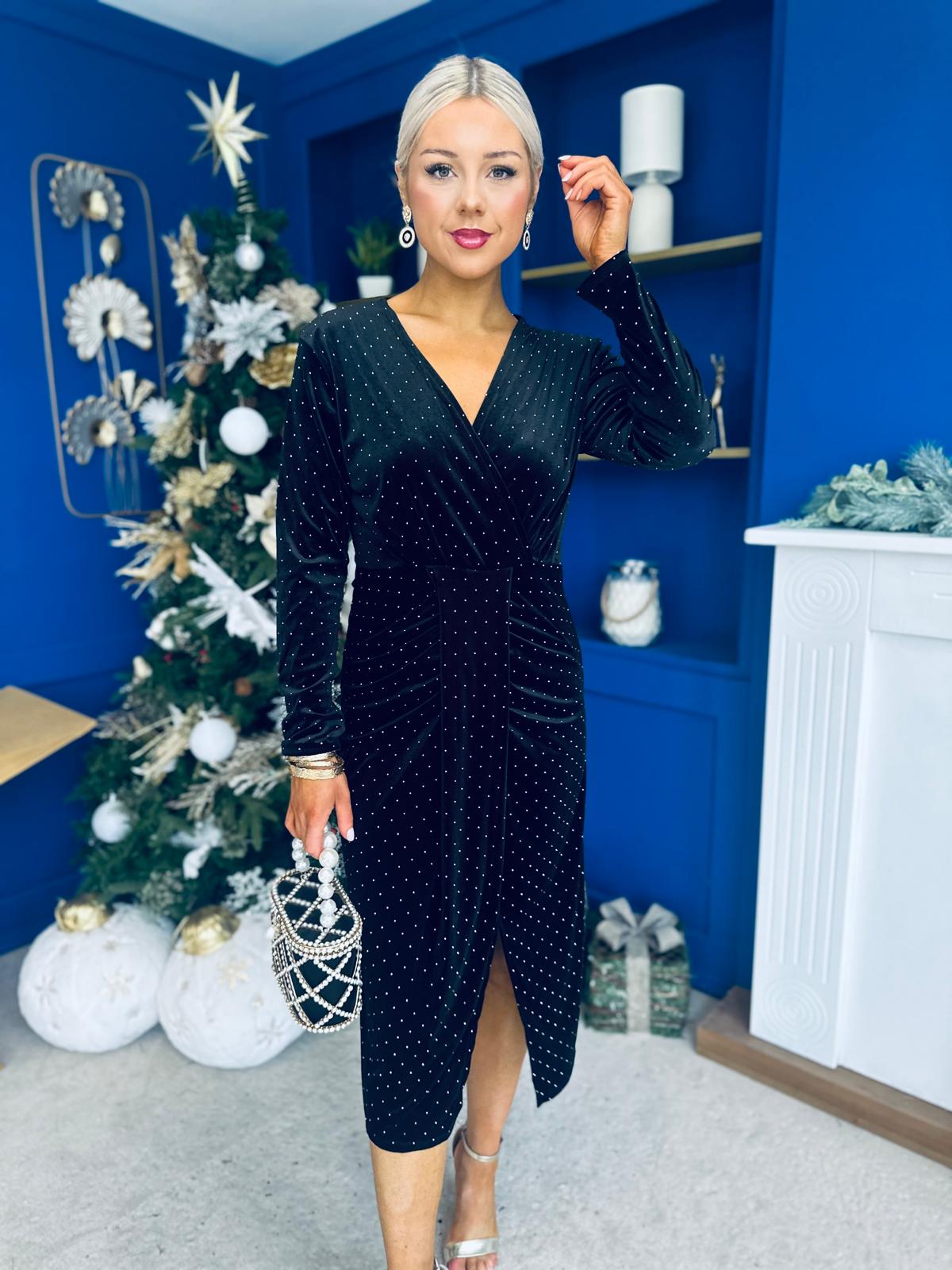 Dora Studded Velvet Occasion Dress Black