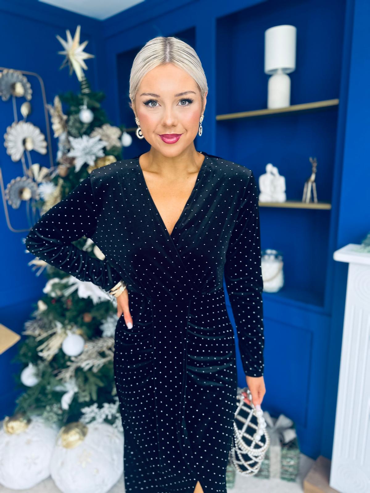 Dora Studded Velvet Occasion Dress Black