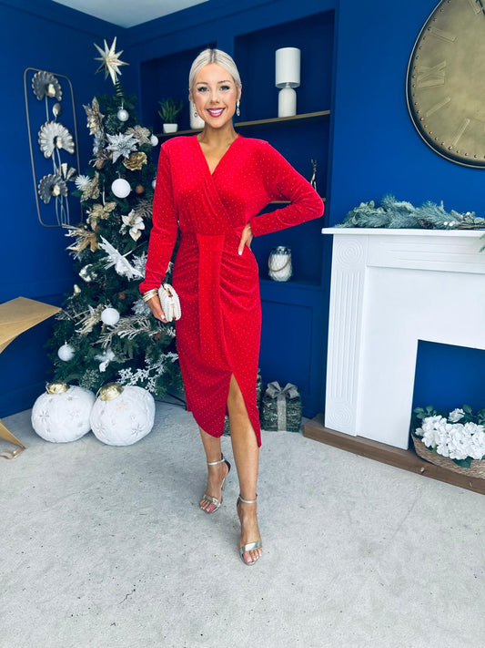 Dora Studded Velvet Occasion Dress Red