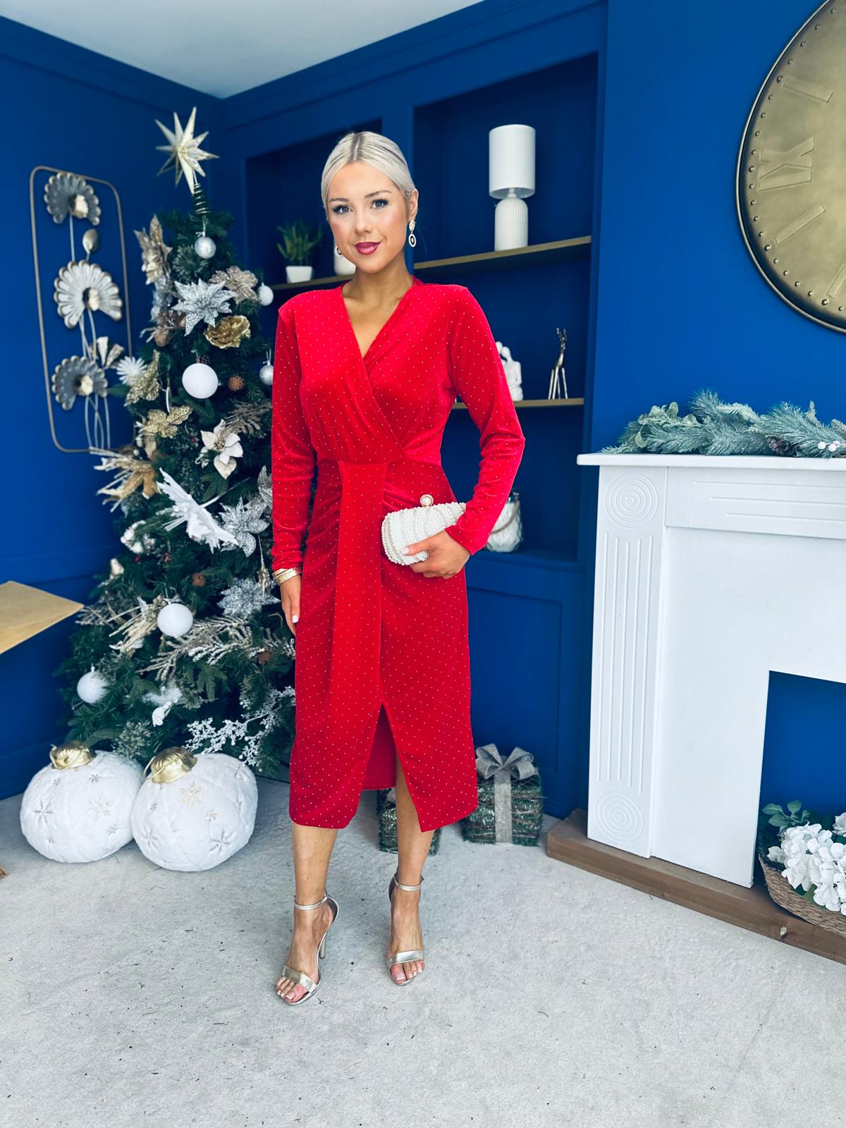 Dora Studded Velvet Occasion Dress Red