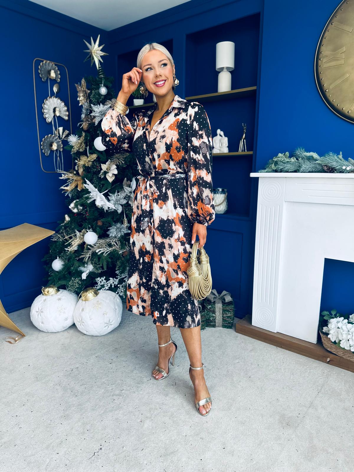 Kaya Foiled Abstract Brown Print Midi Shirt Dress