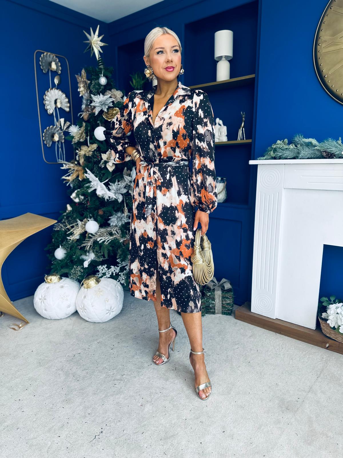 Kaya Foiled Abstract Brown Print Midi Shirt Dress