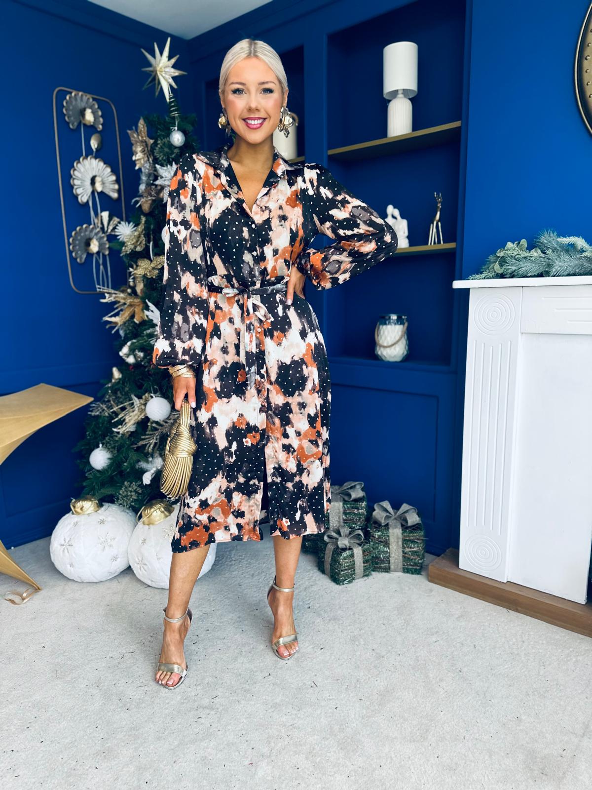 Kaya Foiled Abstract Brown Print Midi Shirt Dress