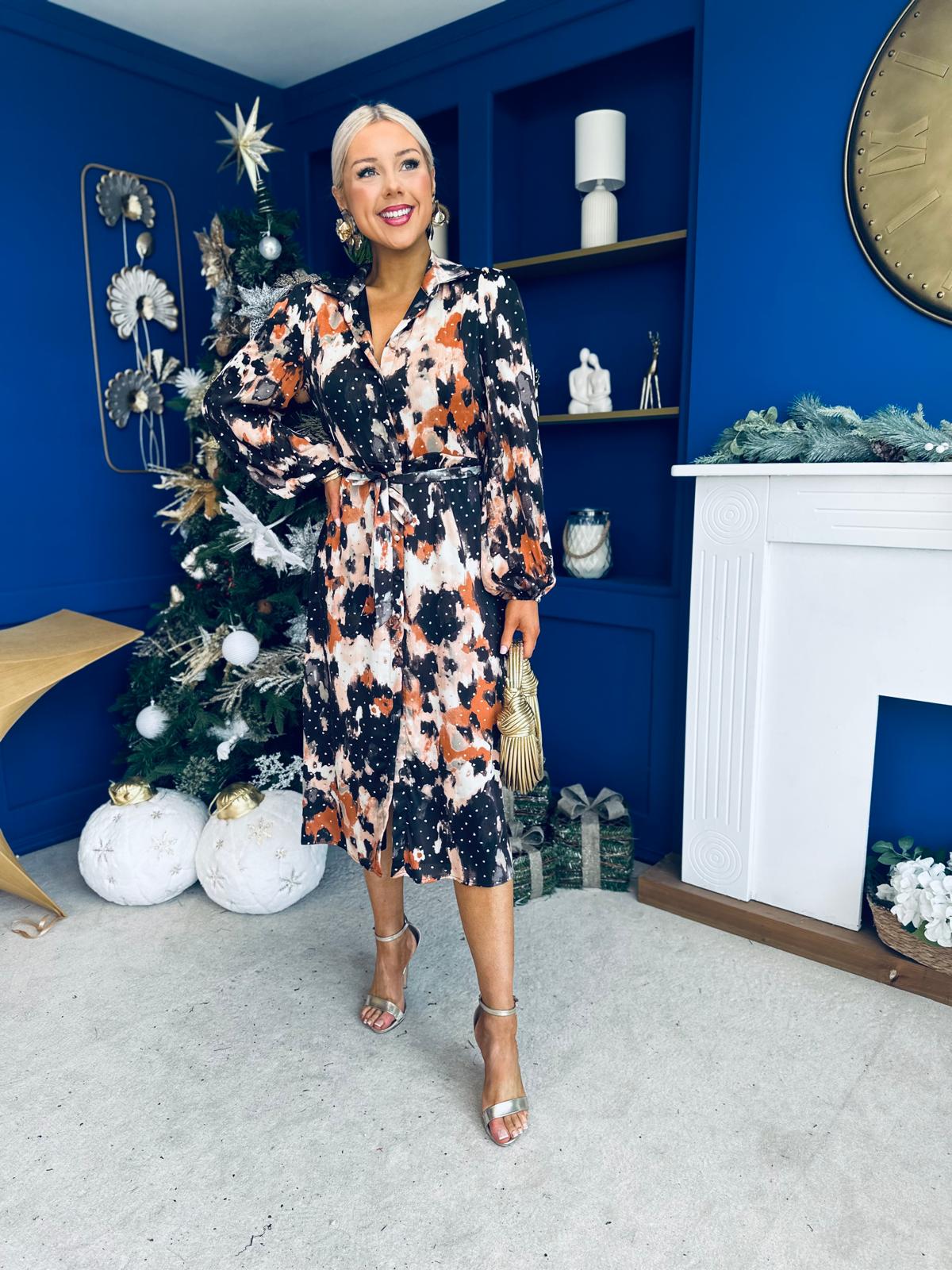 Kaya Foiled Abstract Brown Print Midi Shirt Dress