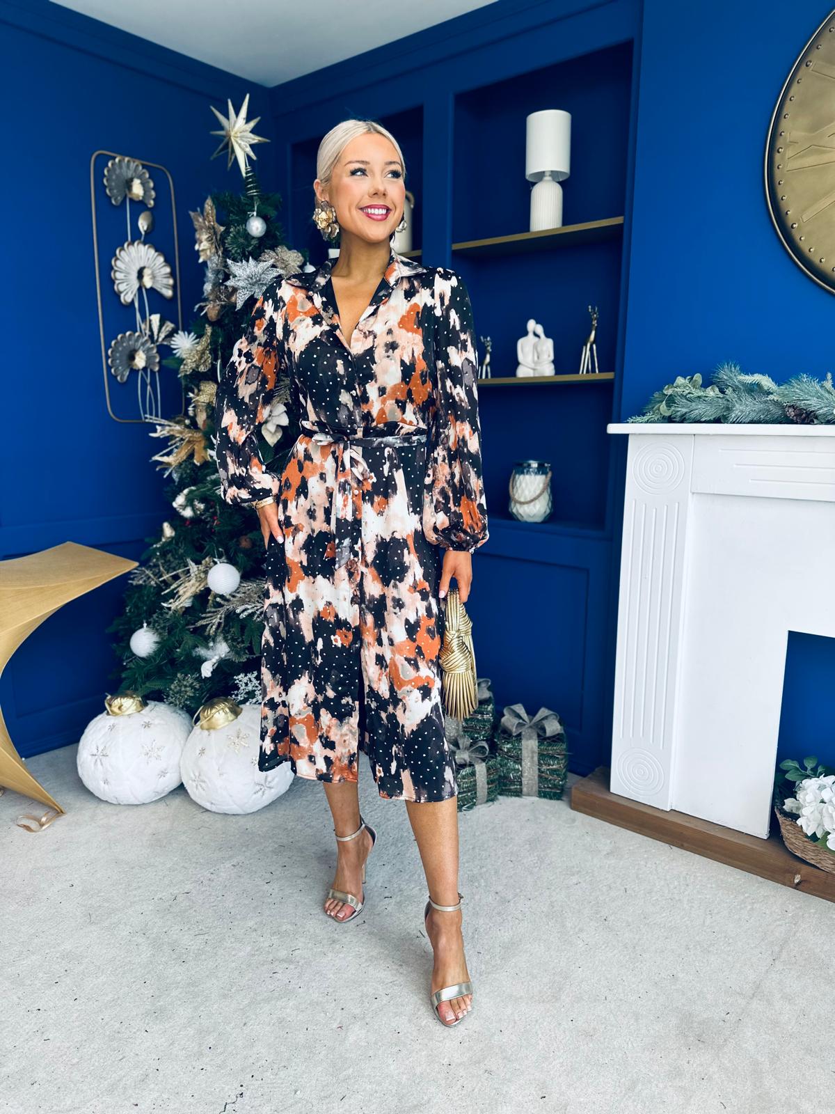 Kaya Foiled Abstract Brown Print Midi Shirt Dress