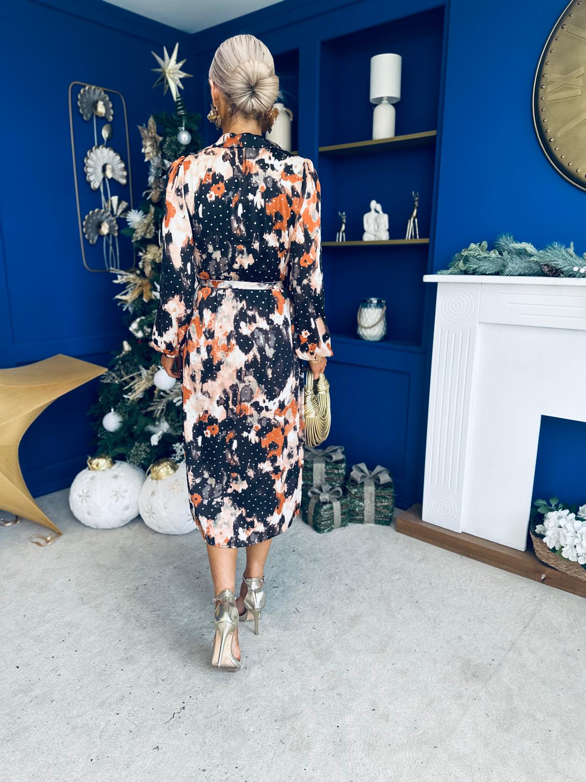 Kaya Foiled Abstract Brown Print Midi Shirt Dress