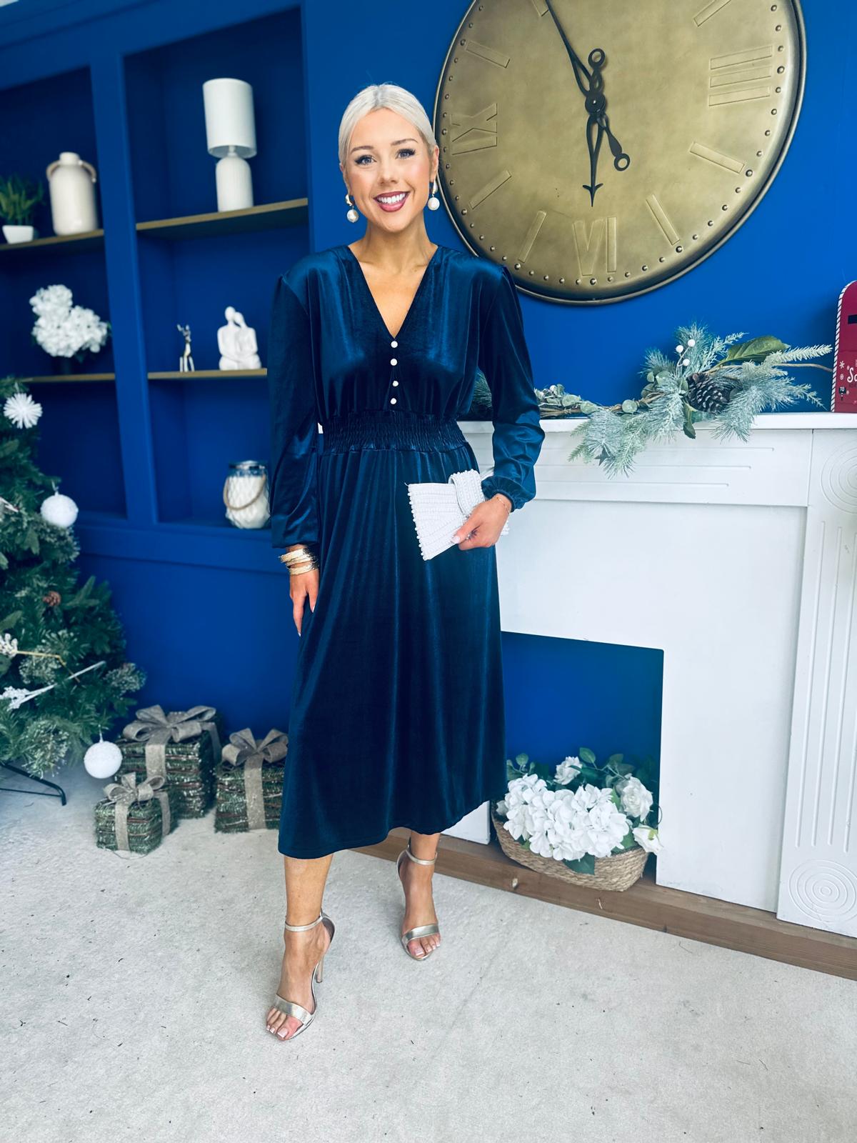 Doireann Pearl Button Velvet Midi Dress Navy