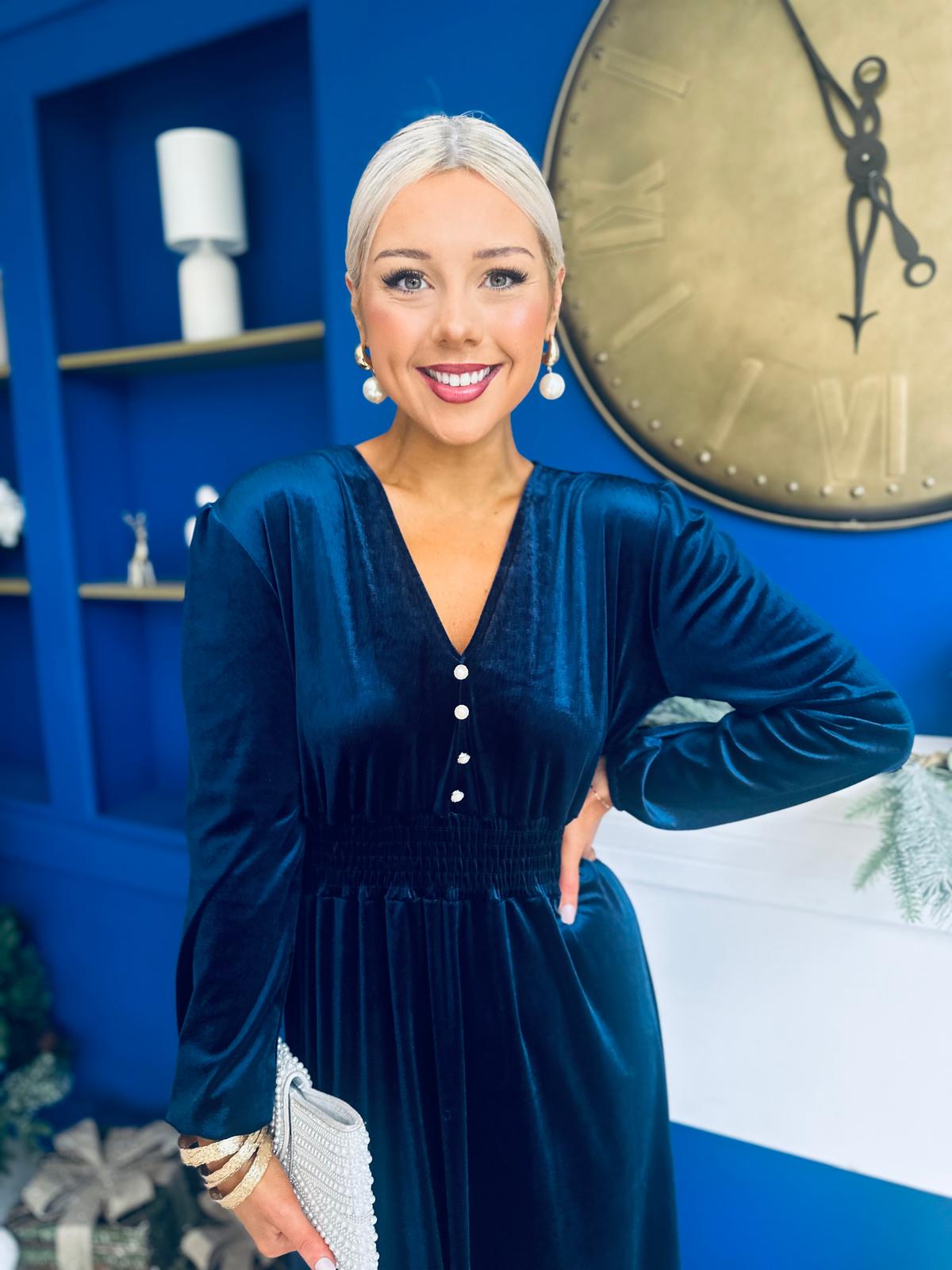 Doireann Pearl Button Velvet Midi Dress Navy