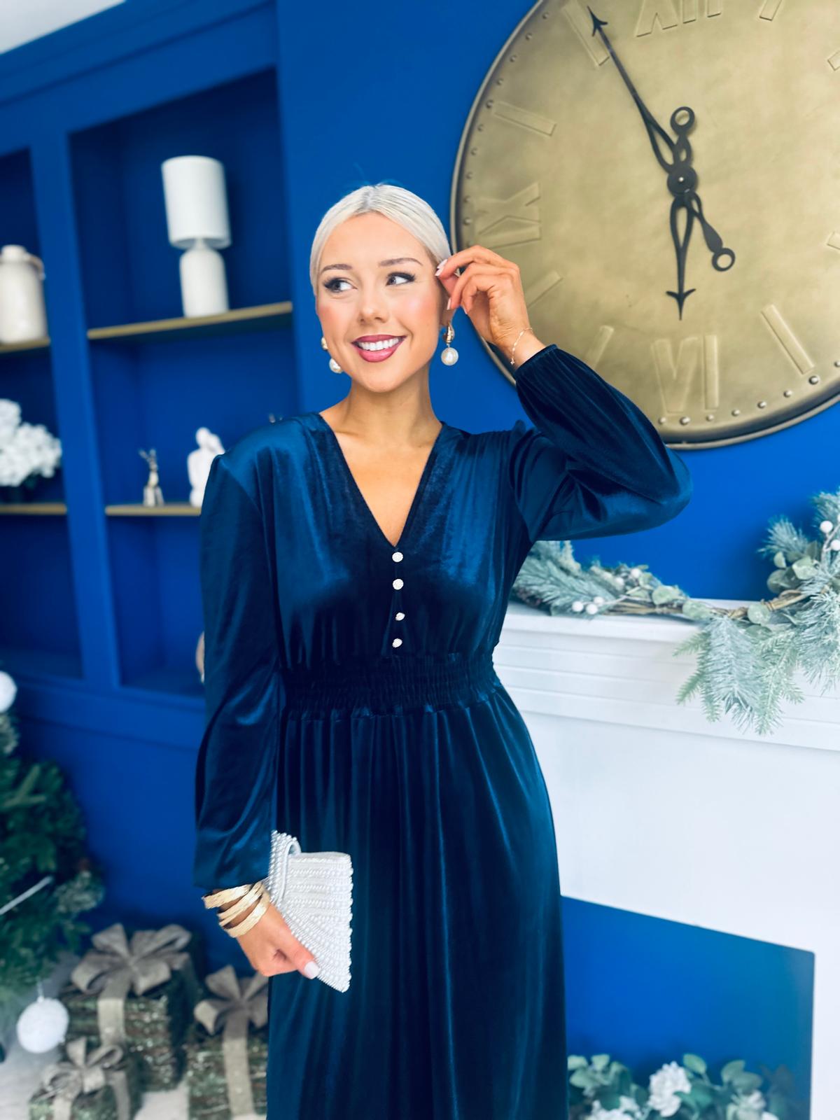 Doireann Pearl Button Velvet Midi Dress Navy