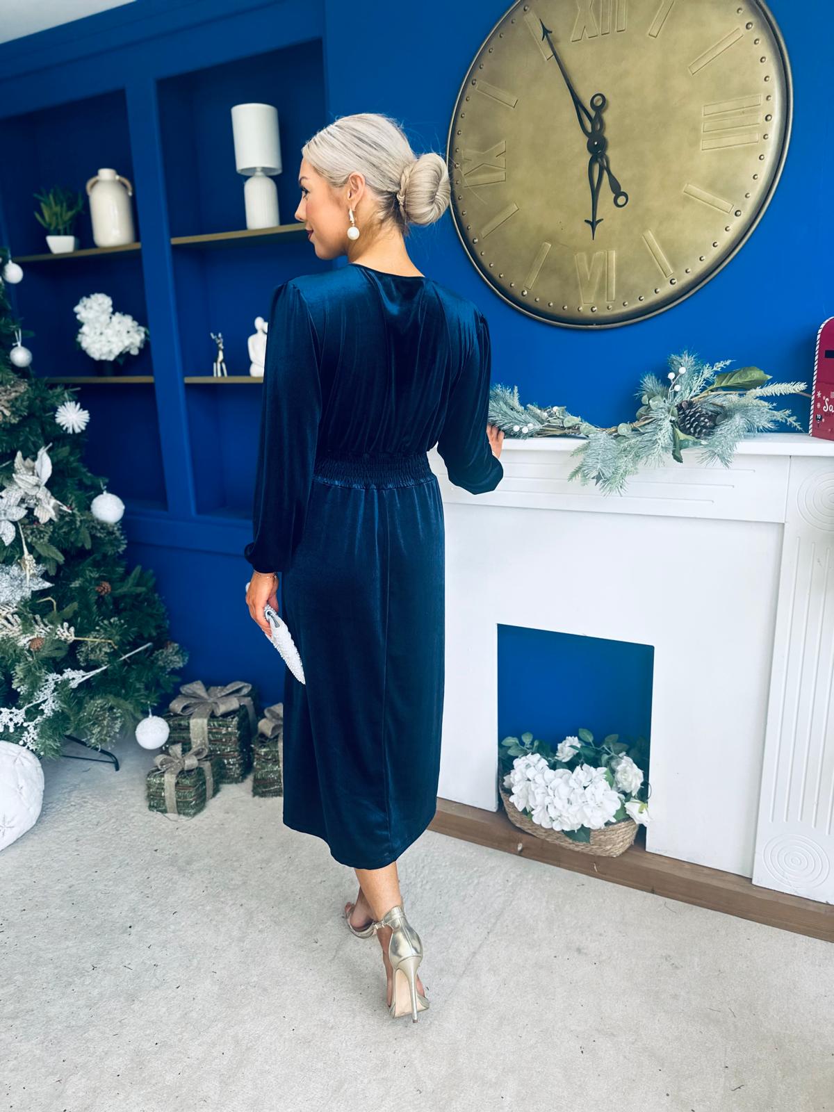 Doireann Pearl Button Velvet Midi Dress Navy