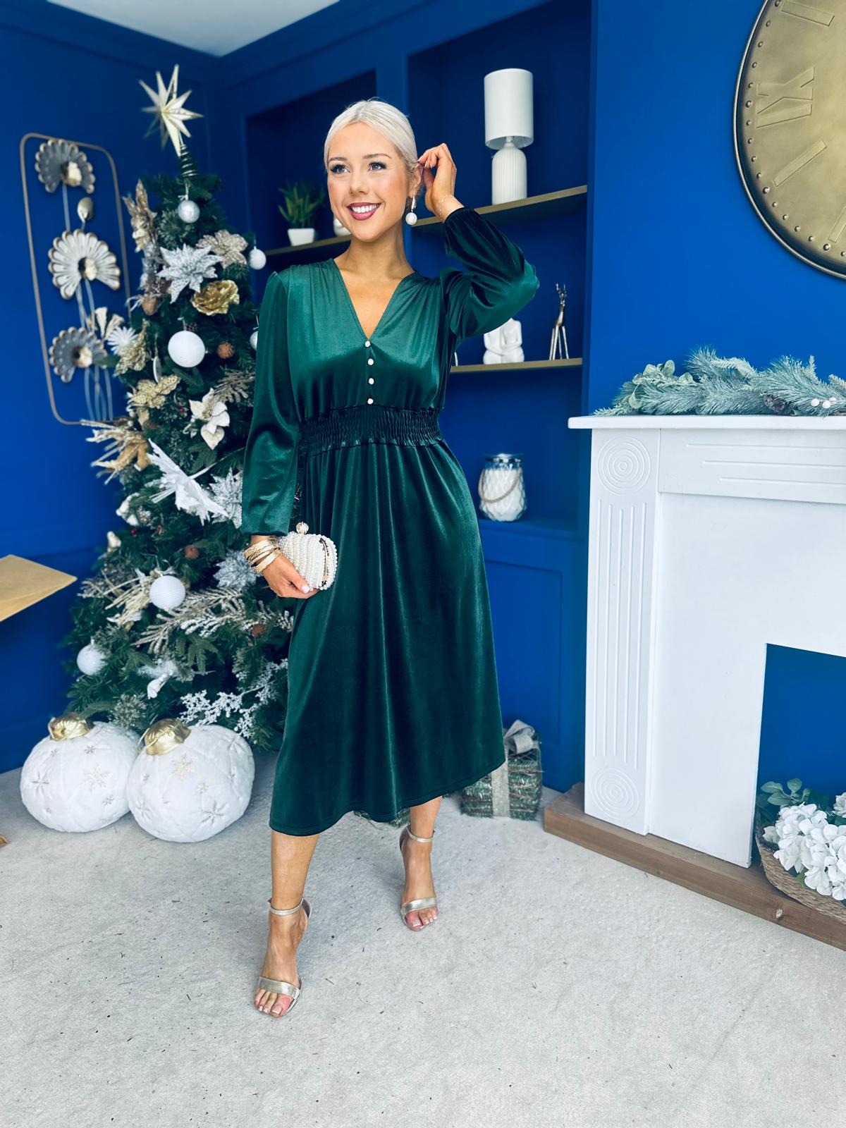 Doireann Pearl Button Velvet Midi Dress Forest Pre Order Arriving 28 Nov