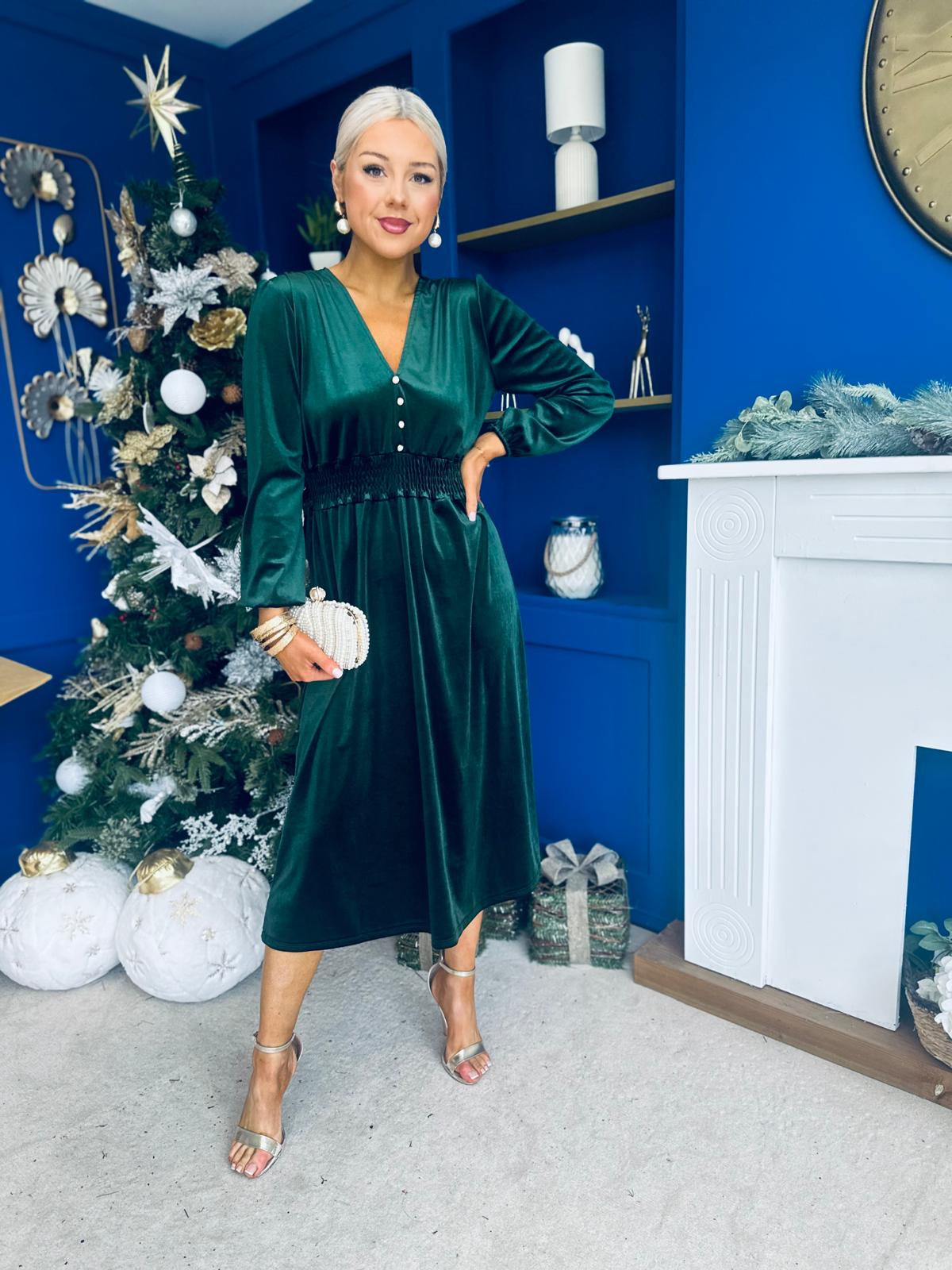Doireann Pearl Button Velvet Midi Dress Forest Pre Order Arriving 28 Nov