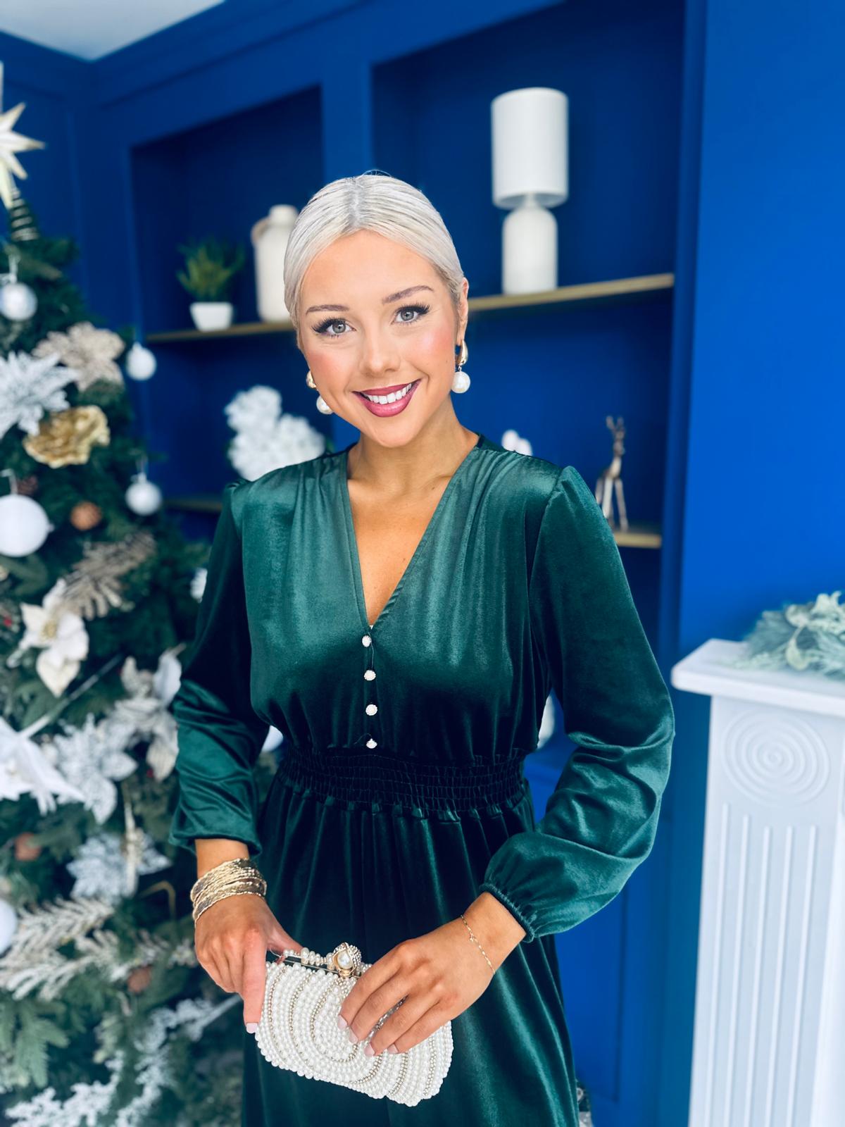 Doireann Pearl Button Velvet Midi Dress Forest Pre Order Arriving 28 Nov