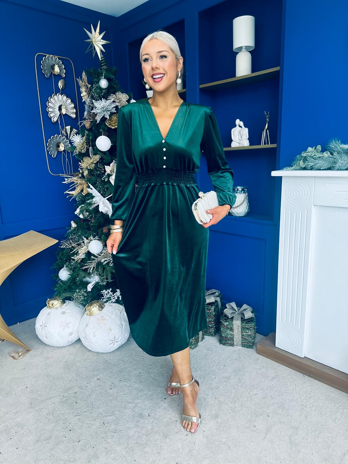 Doireann Pearl Button Velvet Midi Dress Forest Pre Order Arriving 28 Nov