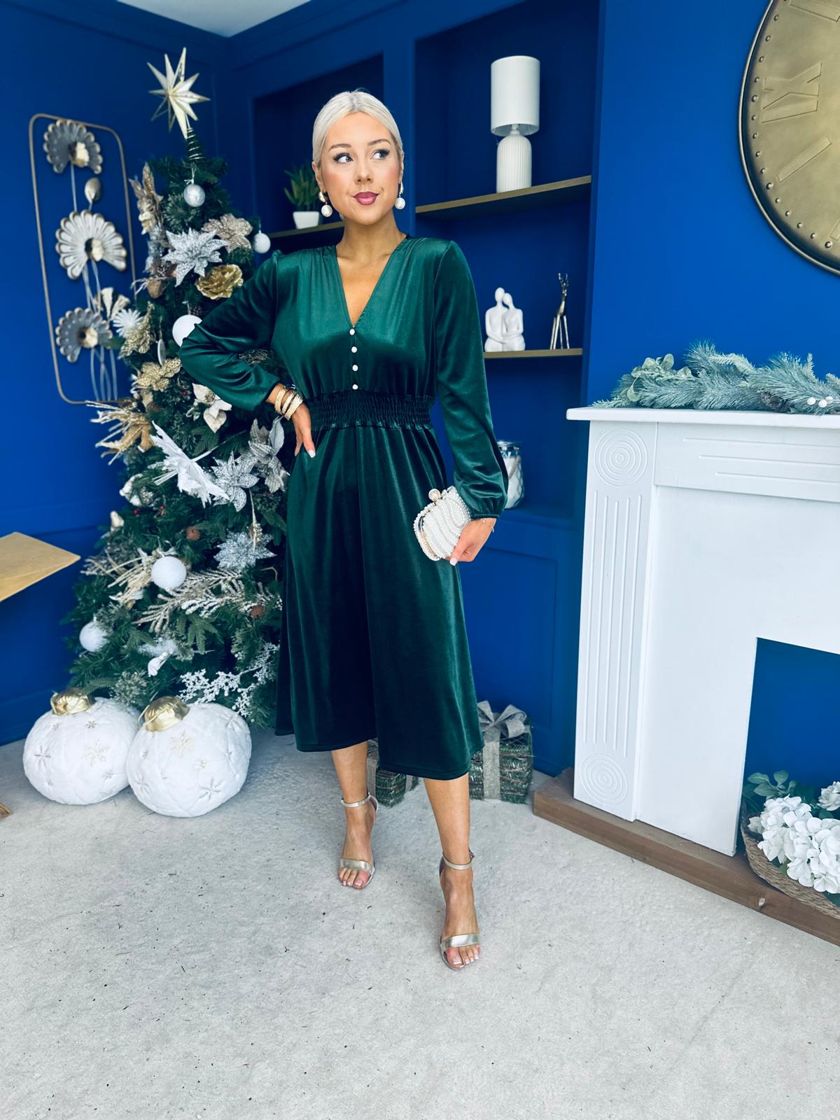 Doireann Pearl Button Velvet Midi Dress Forest Pre Order Arriving 28 Nov