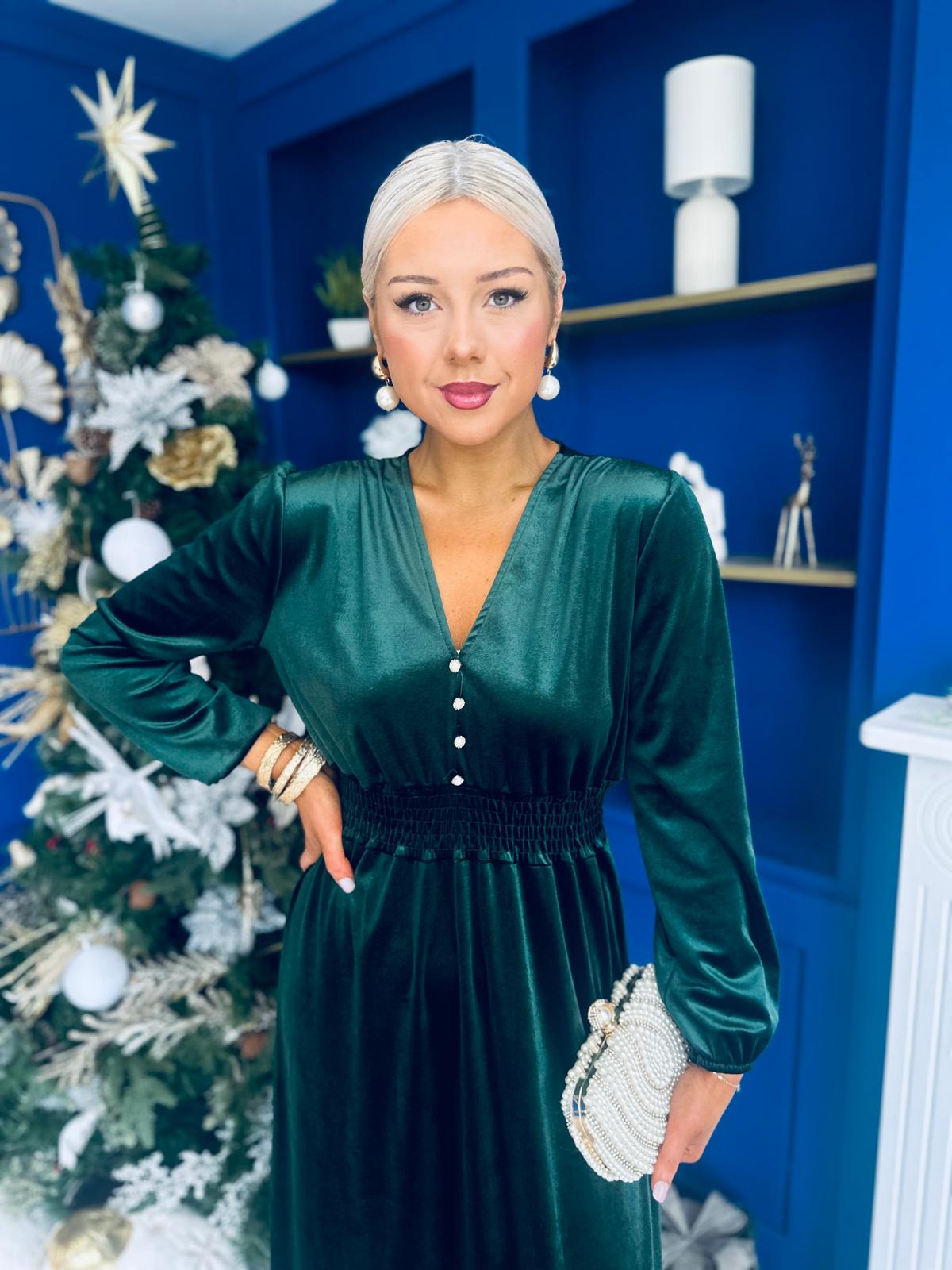 Doireann Pearl Button Velvet Midi Dress Forest Pre Order Arriving 28 Nov