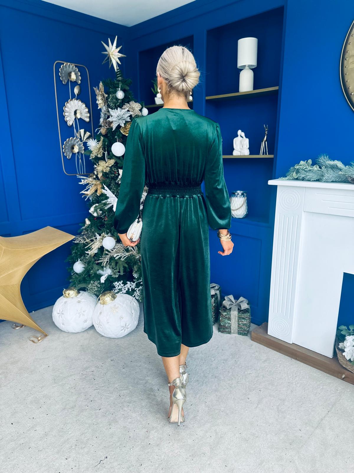 Doireann Pearl Button Velvet Midi Dress Forest Pre Order Arriving 28 Nov