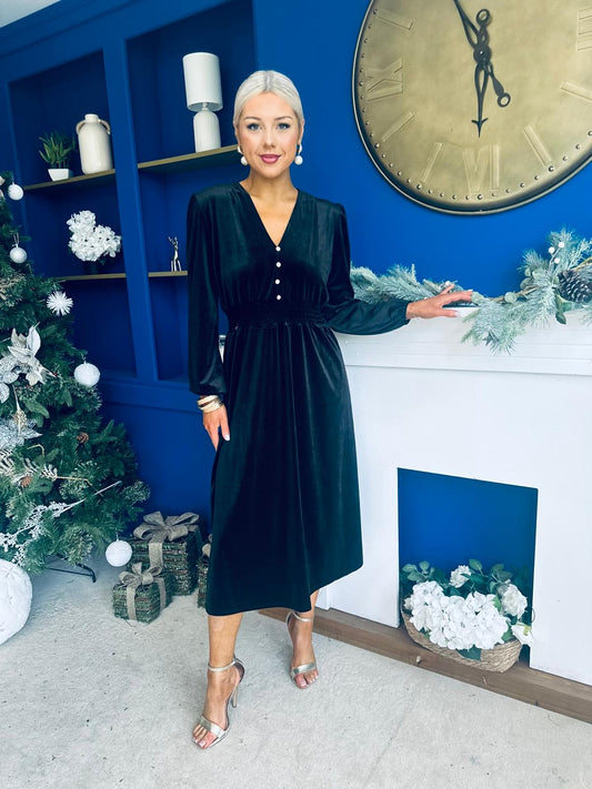 Doireann Pearl Button Velvet Midi Dress Black