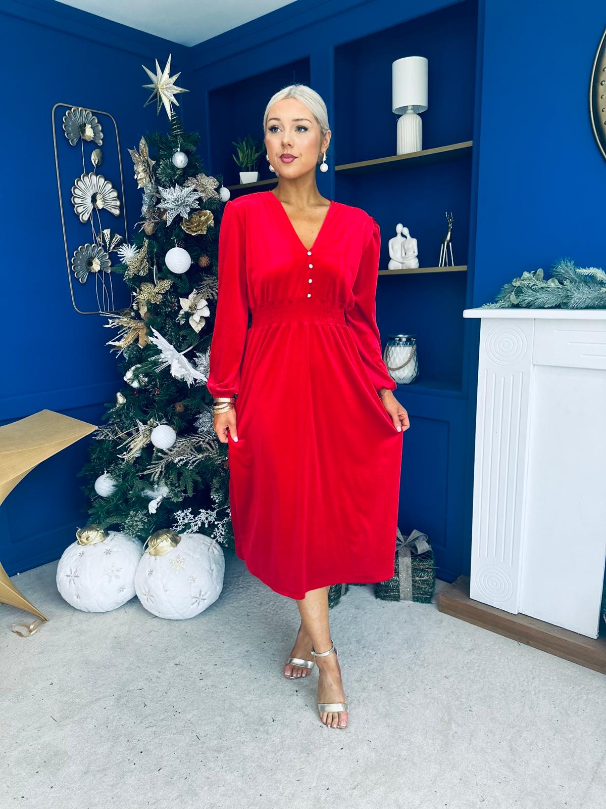 Doireann Pearl Button Velvet Midi Dress Red Pre Order Arriving 28 Nov