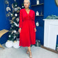 Doireann Pearl Button Velvet Midi Dress Red Pre Order Arriving 28 Nov