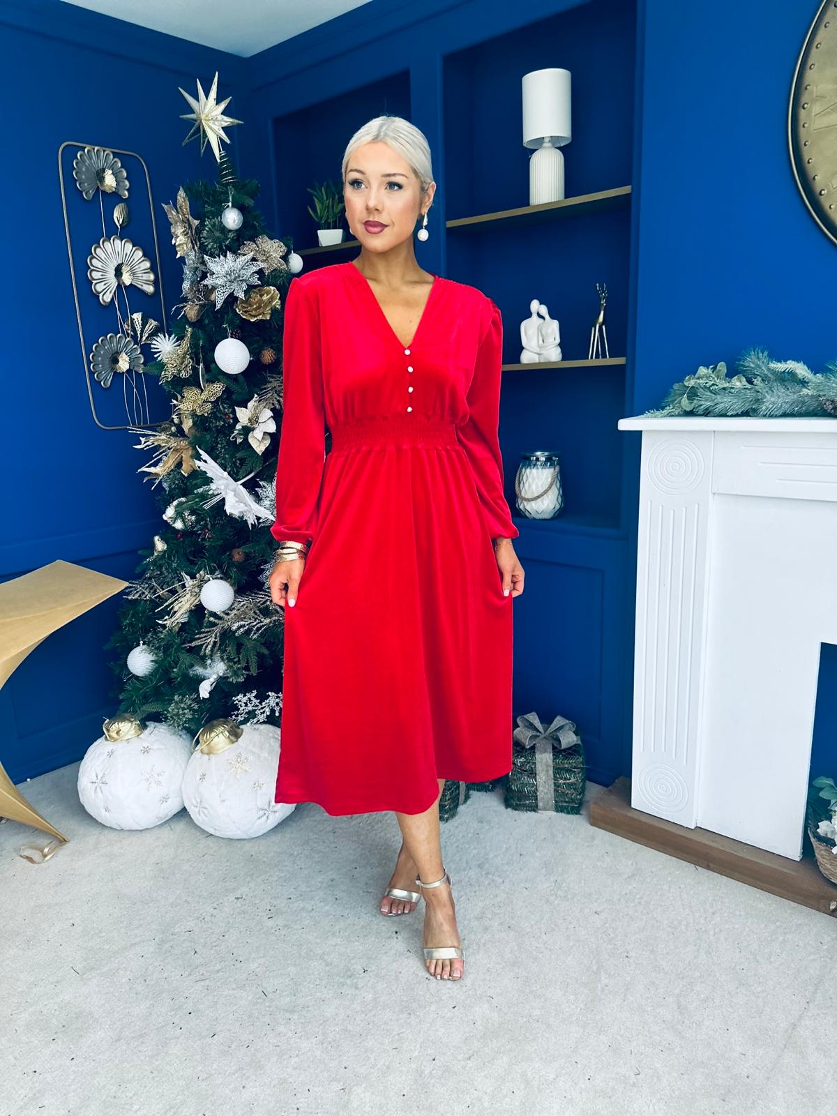 Doireann Pearl Button Velvet Midi Dress Red Pre Order Arriving 28 Nov