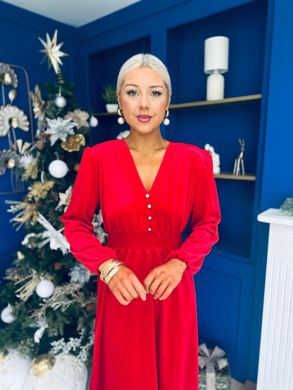 Doireann Pearl Button Velvet Midi Dress Red Pre Order Arriving 28 Nov