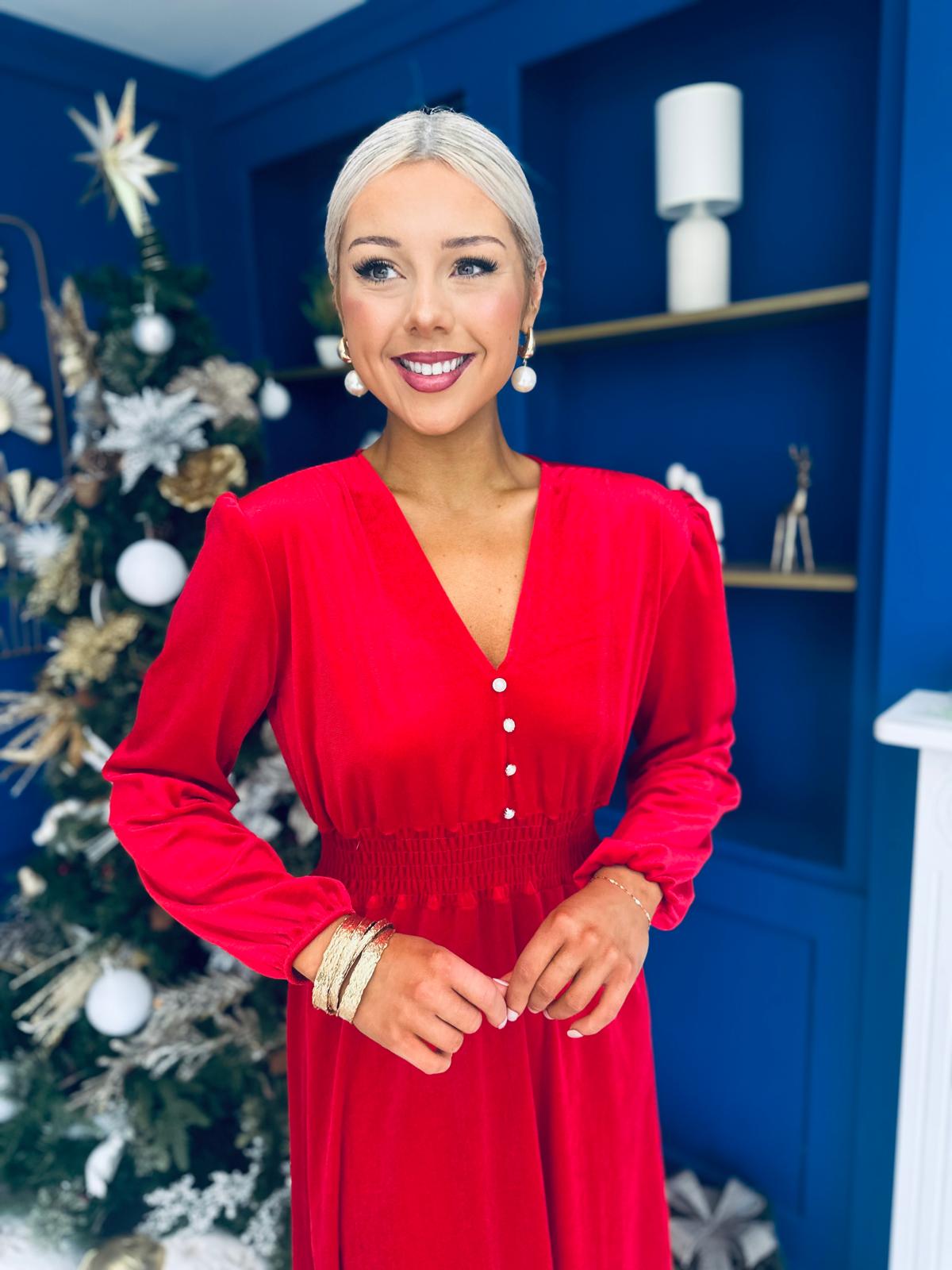 Doireann Pearl Button Velvet Midi Dress Red Pre Order Arriving 28 Nov