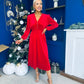 Doireann Pearl Button Velvet Midi Dress Red Pre Order Arriving 28 Nov