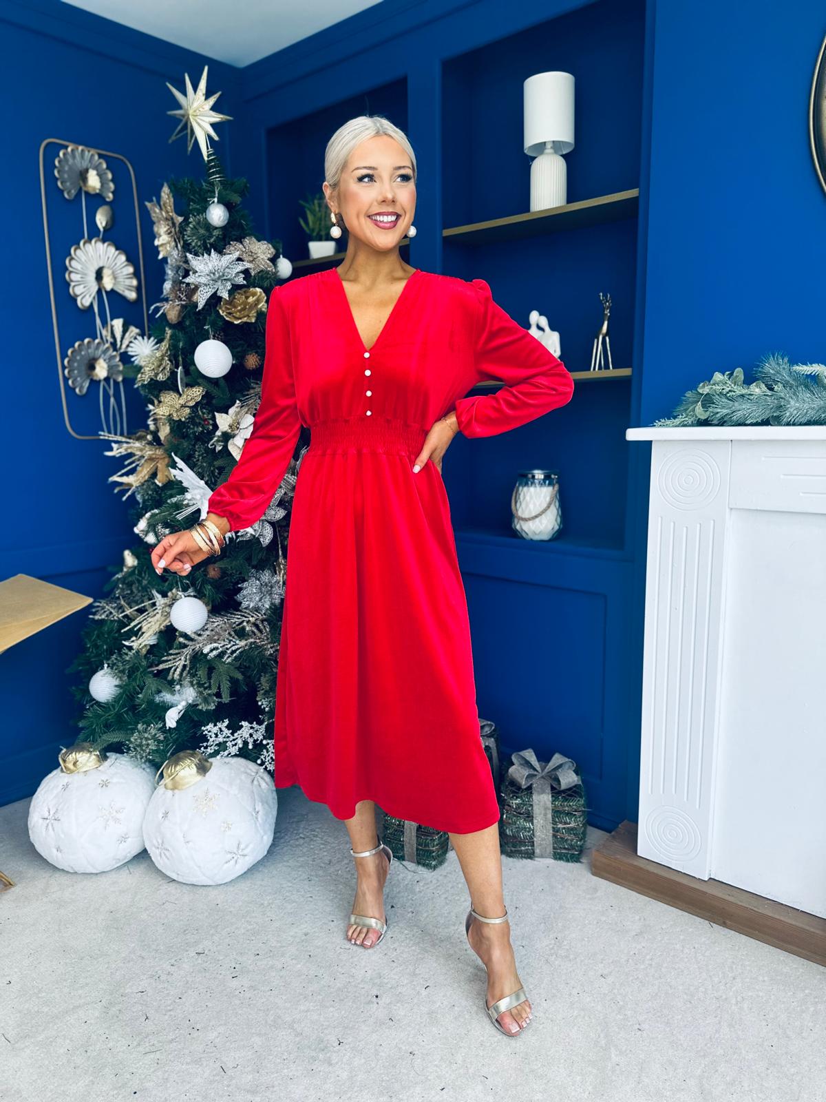 Doireann Pearl Button Velvet Midi Dress Red Pre Order Arriving 28 Nov