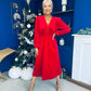 Doireann Pearl Button Velvet Midi Dress Red Pre Order Arriving 28 Nov
